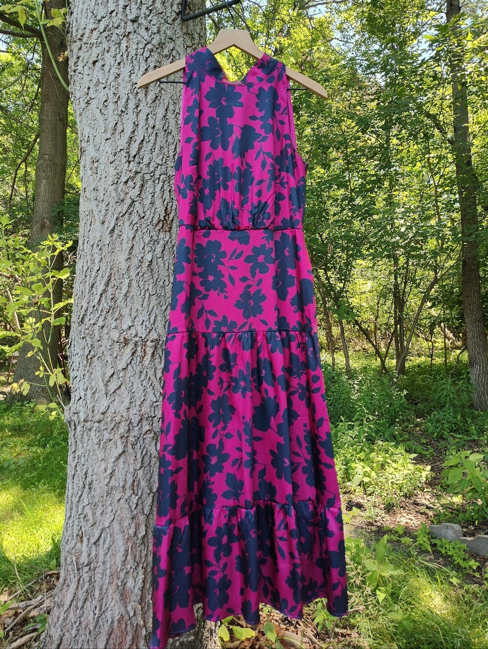 Sam Edelman Sz 8 Pink Navy High-Neck Dress Tie-Back Satin Midi Sleeveless Flower